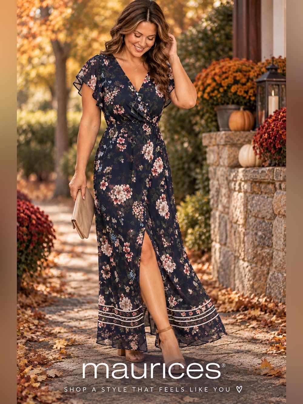 Maurices XXL Navy Floral Chiffon High Low Maxi Dress Flutter Sleeve